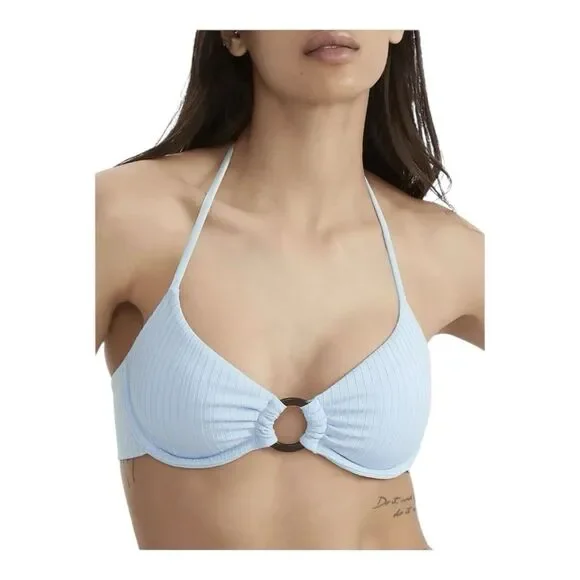 Sanctuary Refresh Ribbed O-Ring Halter Light Blue Bikini Top Size Medium - Picture 1 of 10